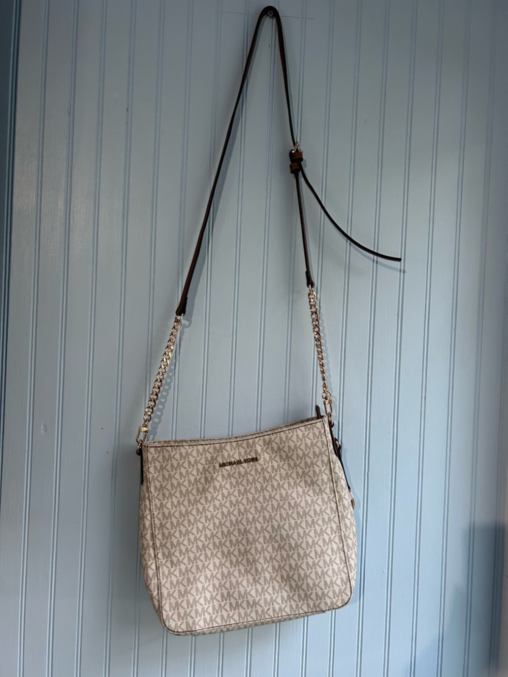 Michael Kors Cream Logo Crossbody with Gold Chain Trim